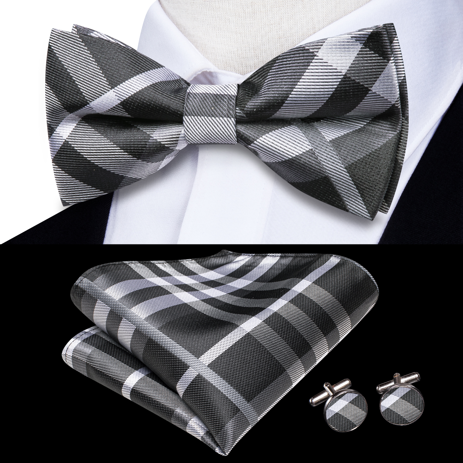 Hi-Tie Grey Plaid Jacquard Sil - Bow Tie Pre Tied recension och pris