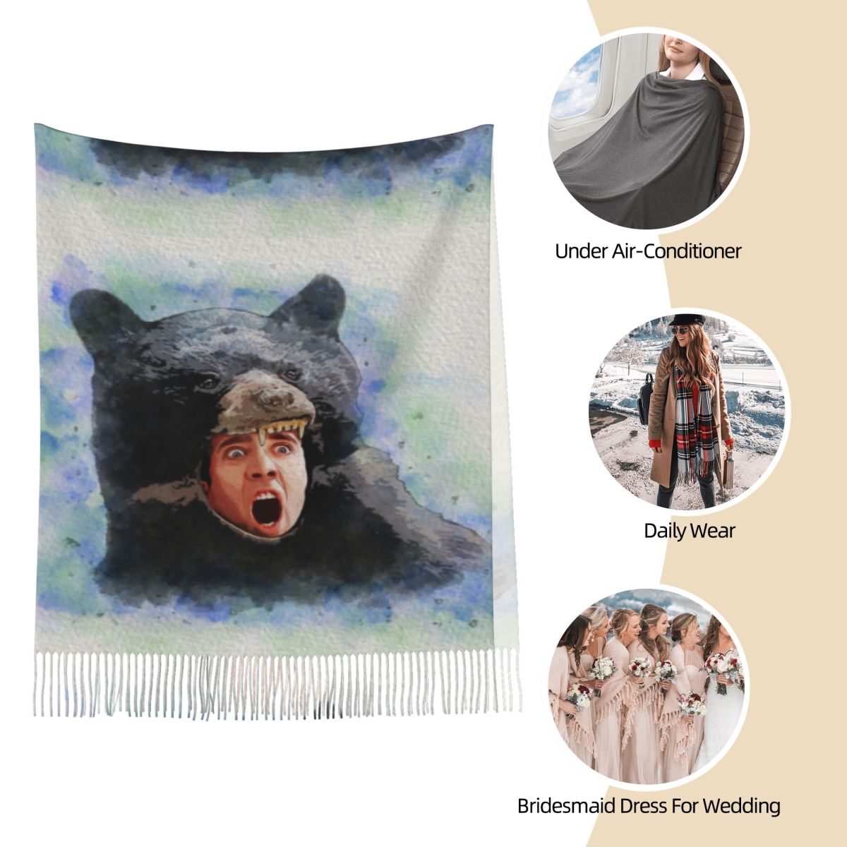 Cage Bear Watercolor Scarf for - Pashmina Wrap Large recension och pris